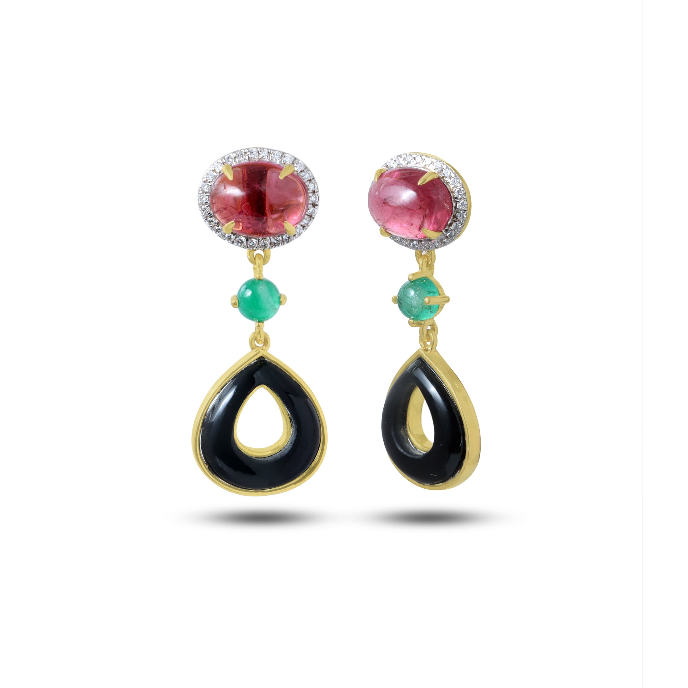 Natural Black Onyx and Tourmaline 18K gold earrings close-up detail - NFJSD-1848