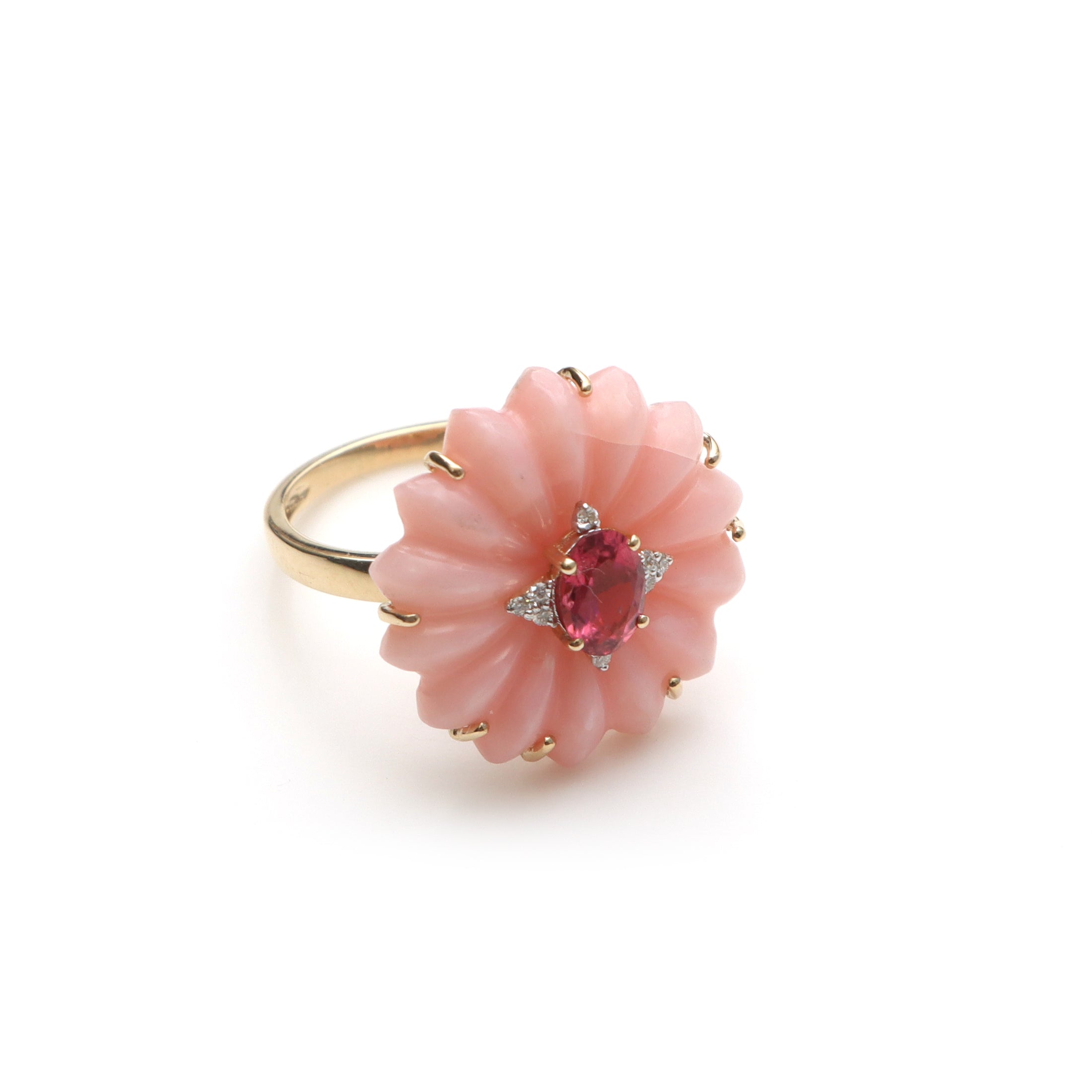 Natural Tourmaline Oval Cut and Pink Opal Carving Flower 14K gold ring front view - NFJSD-1301