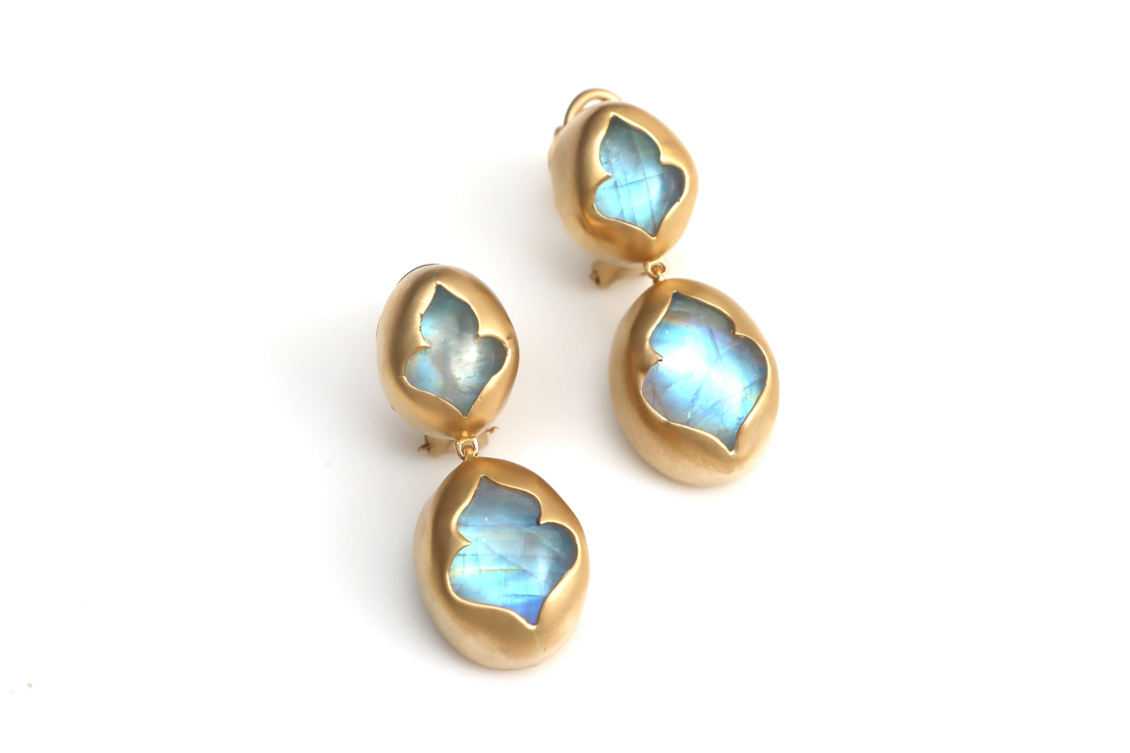 Natural Black Onyx and Rainbow Moonstone 18K gold earrings front view - NFJSD-1418