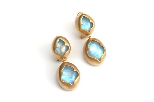 Natural Black Onyx and Rainbow Moonstone 18K gold earrings front view - NFJSD-1418