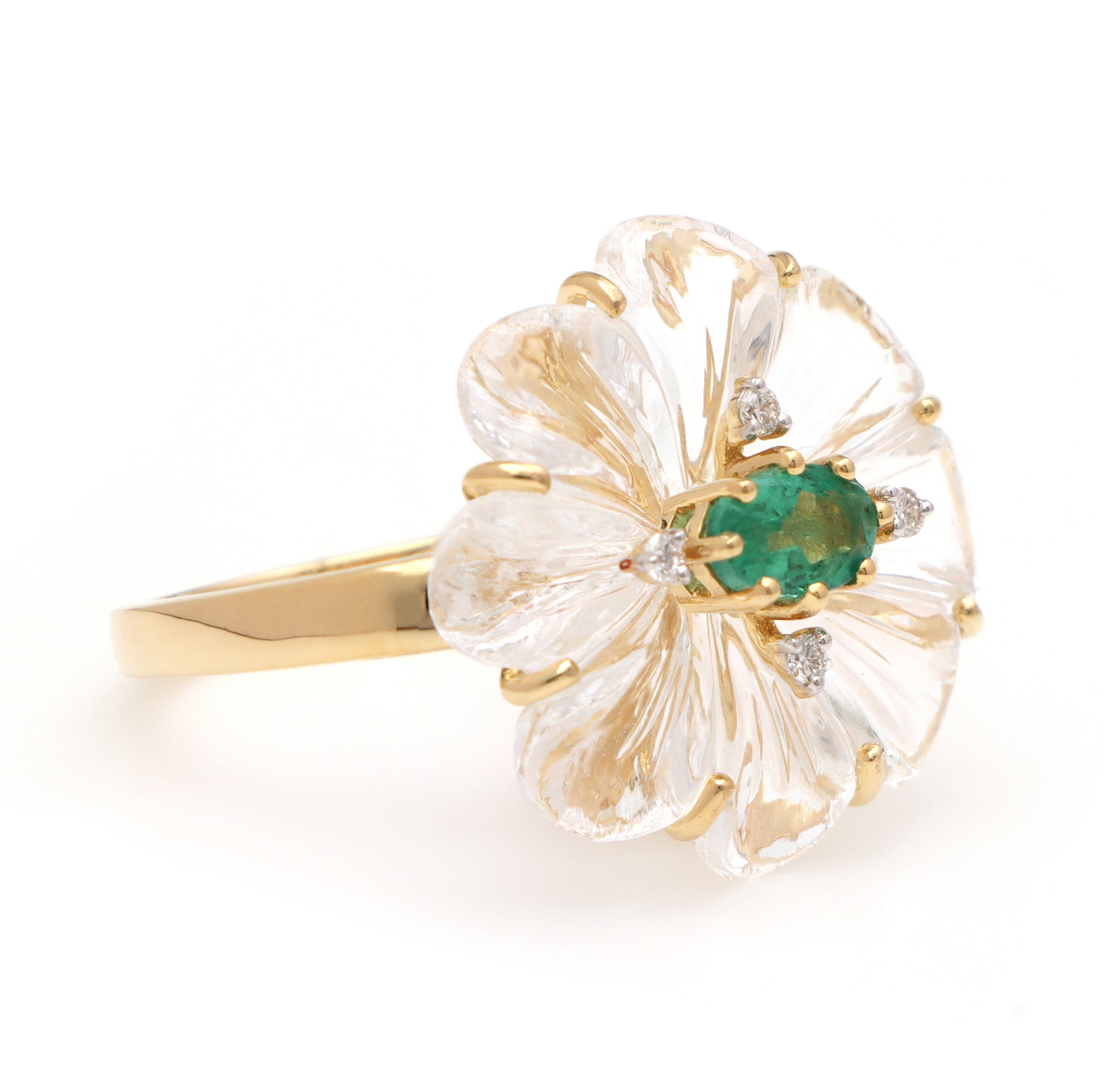 Natural Emerald Oval Cut and Crystal Carving Flower 14K gold ring side angle - NFJSD-1172