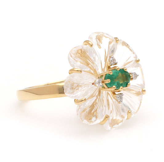 Natural Emerald Oval Cut and Crystal Carving Flower 14K gold ring side angle - NFJSD-1172