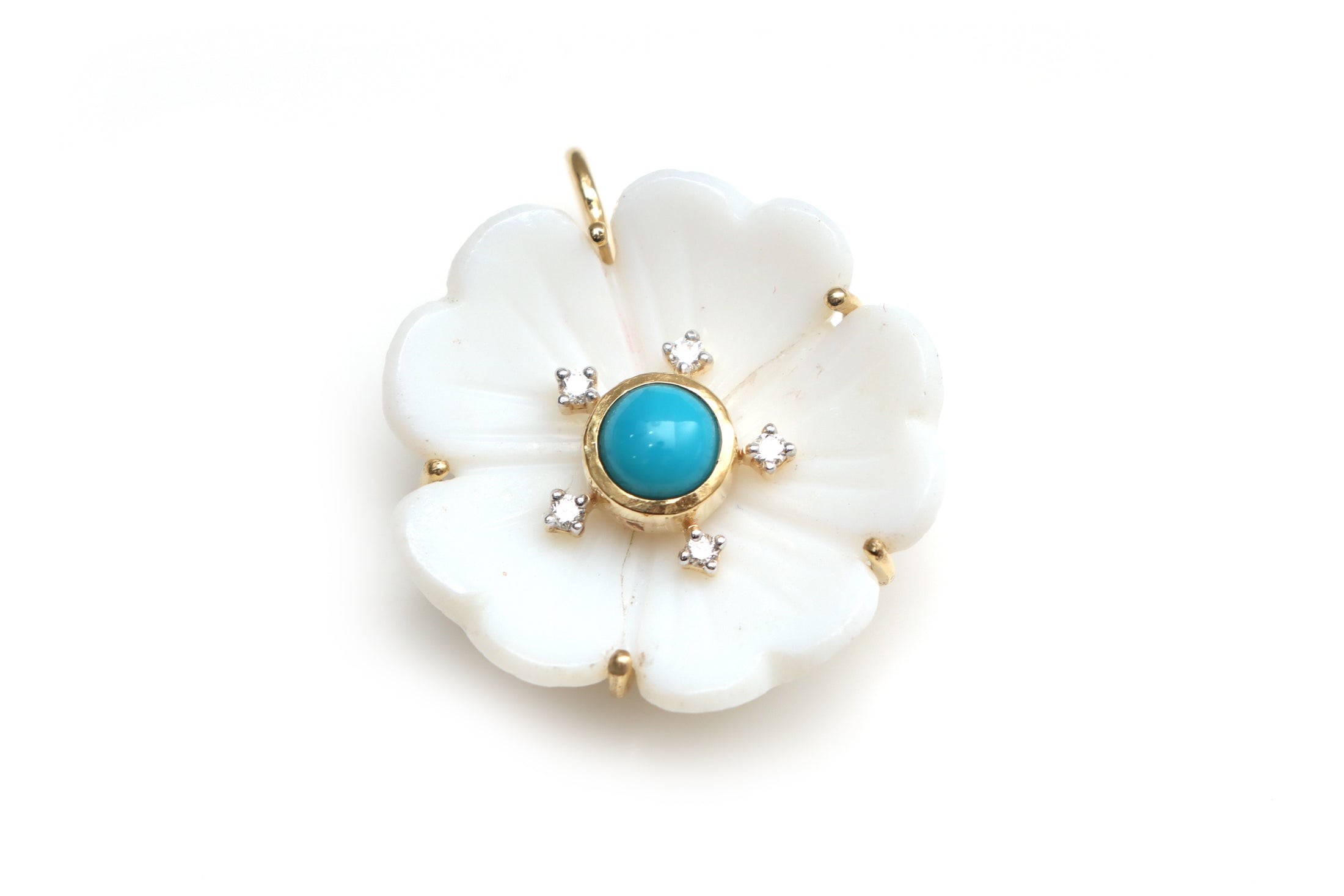 Natural Turquoise Round Cab and White Agate Carving Flower 14K gold pendant front view - NFJSD-1254