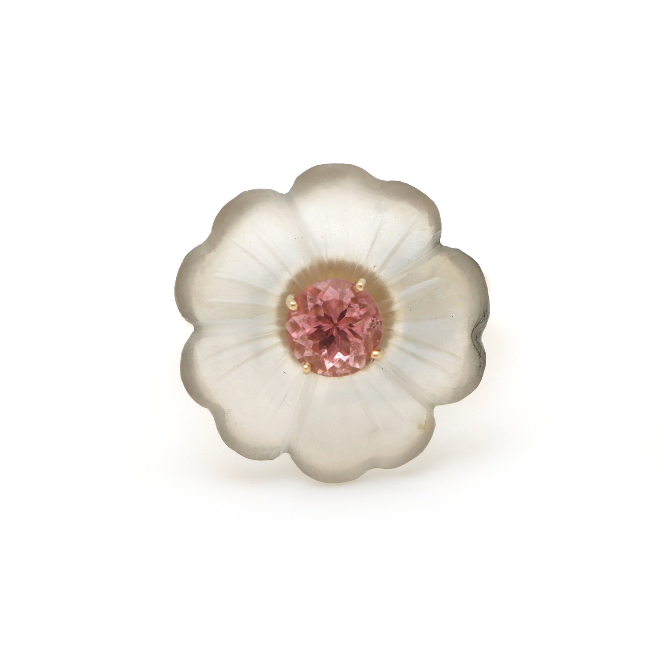 Natural Crystal Carving and Pink Tourmaline 14K gold ring side angle - NFJSD-1556