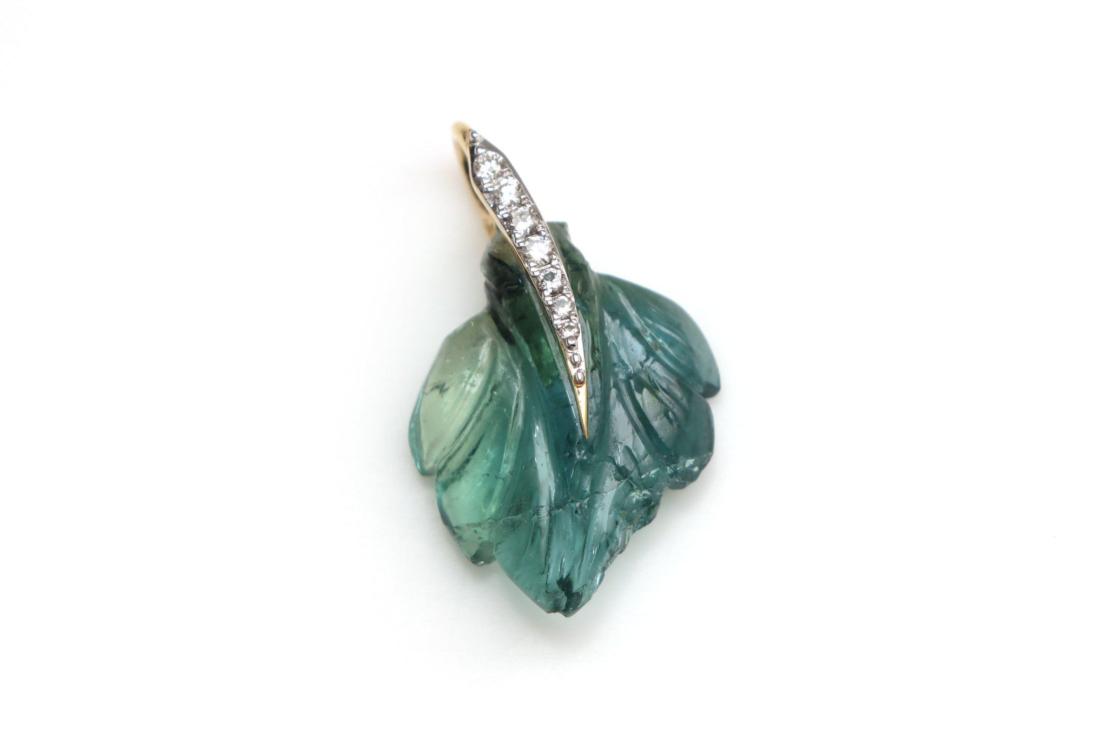 Natural Tourmaline Carving Leaf 14K gold charm front view - NFJSD-1256
