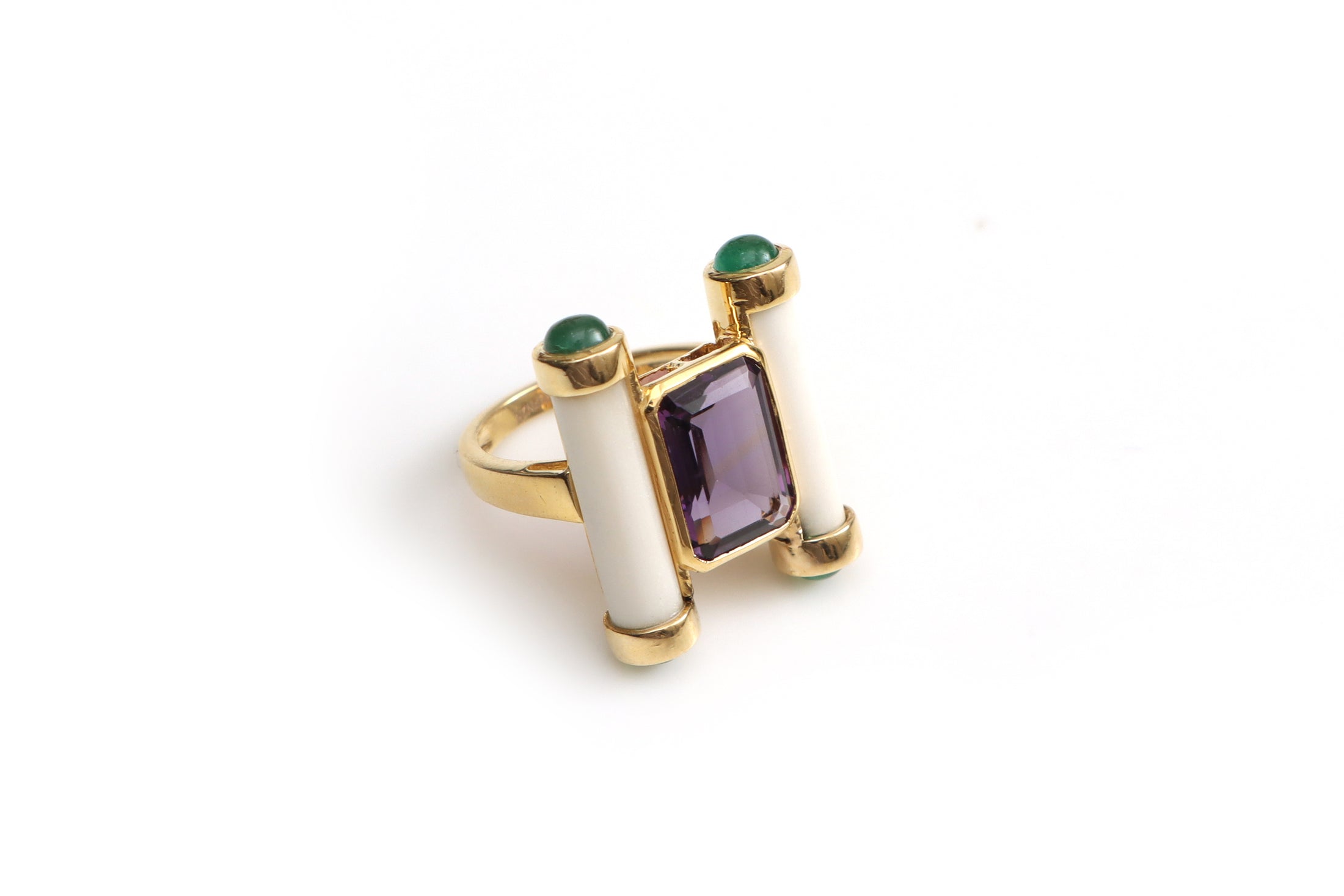 Natural Emerald Round Cabs and White Agate Tube 14K gold ring front view - NFJSD-1354