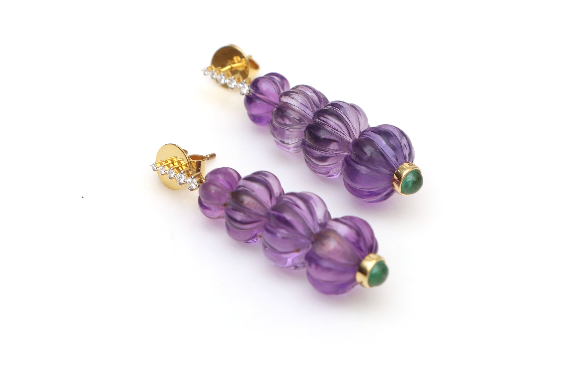 Natural Emerald Round Cabs and Amethyst Carving Balls 14K gold earrings front view - NFJSD-1391