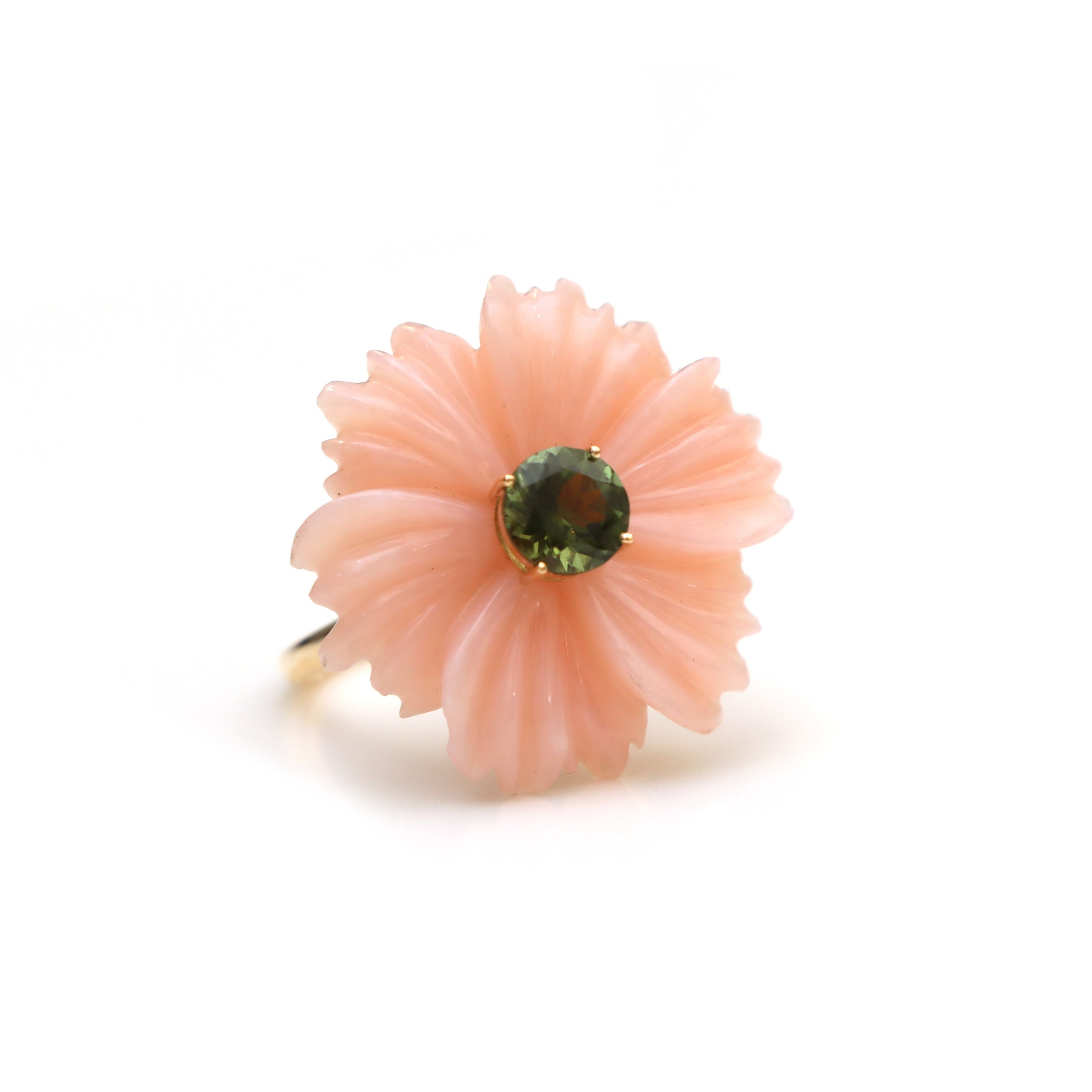 Natural Pink Opal and Green Tourmaline 14K gold ring front view - NFJSD-1569