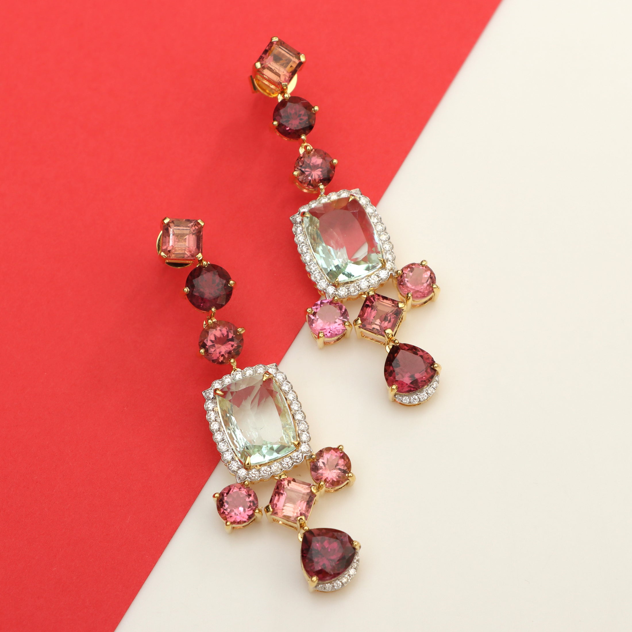 Natural Aquamarine and Tourmaline 18K gold earrings side angle - NFJSD-1462