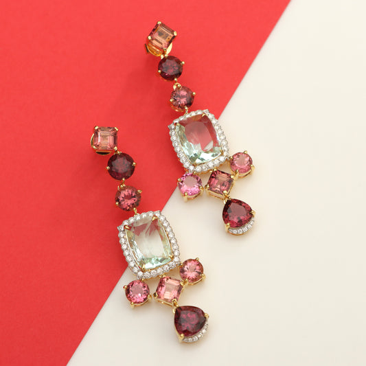 Natural Aquamarine and Tourmaline 18K gold earrings side angle - NFJSD-1462