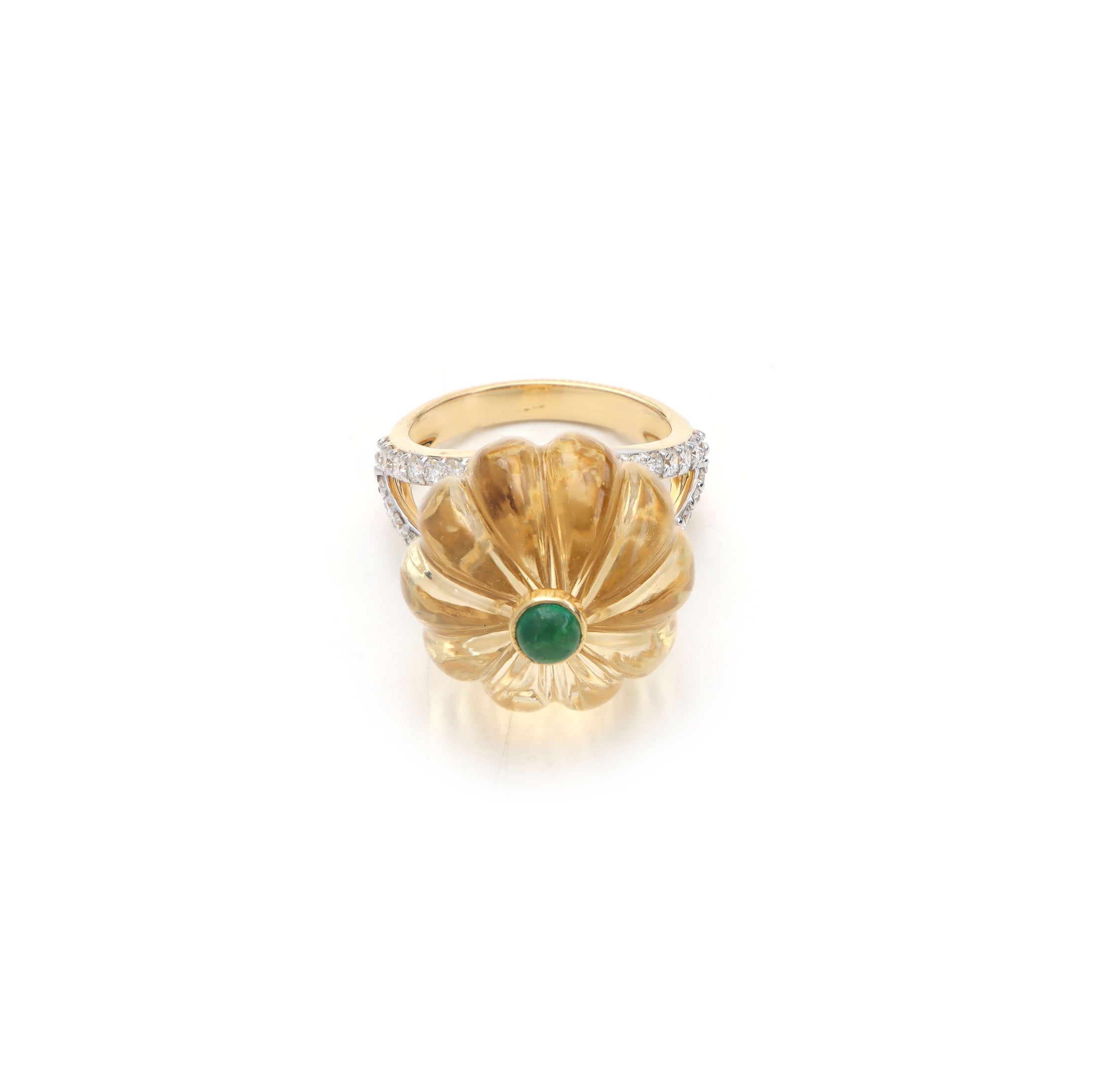 Natural Citrine Carving and Emerald Round Cabs 14K gold ring back view - NFJSD-1014