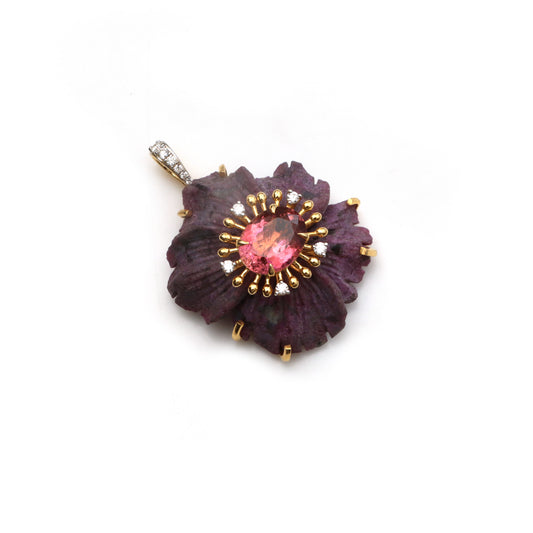Natural Ruby and Tourmaline 18K gold pendant front view - NFJSD-1846