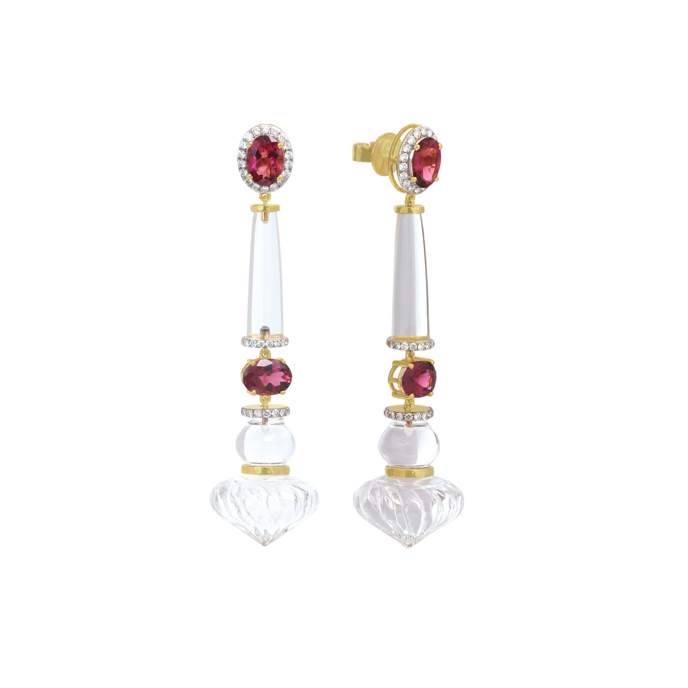 Natural Crystal and Tourmaline 14K gold earrings on-hand view - NFJSD-1829