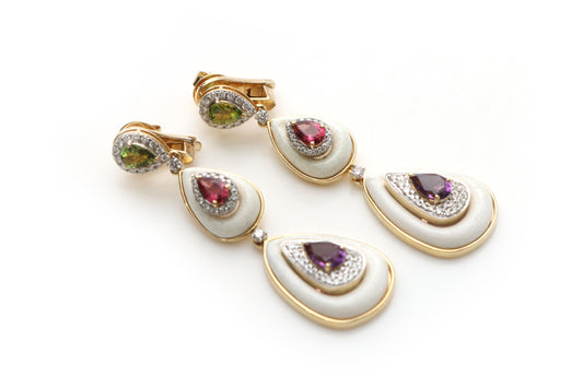 Natural Green Tourmaline Pear Cut and Pink Tourmaline Pear Cut 14K gold earrings front view - NFJSD-1167