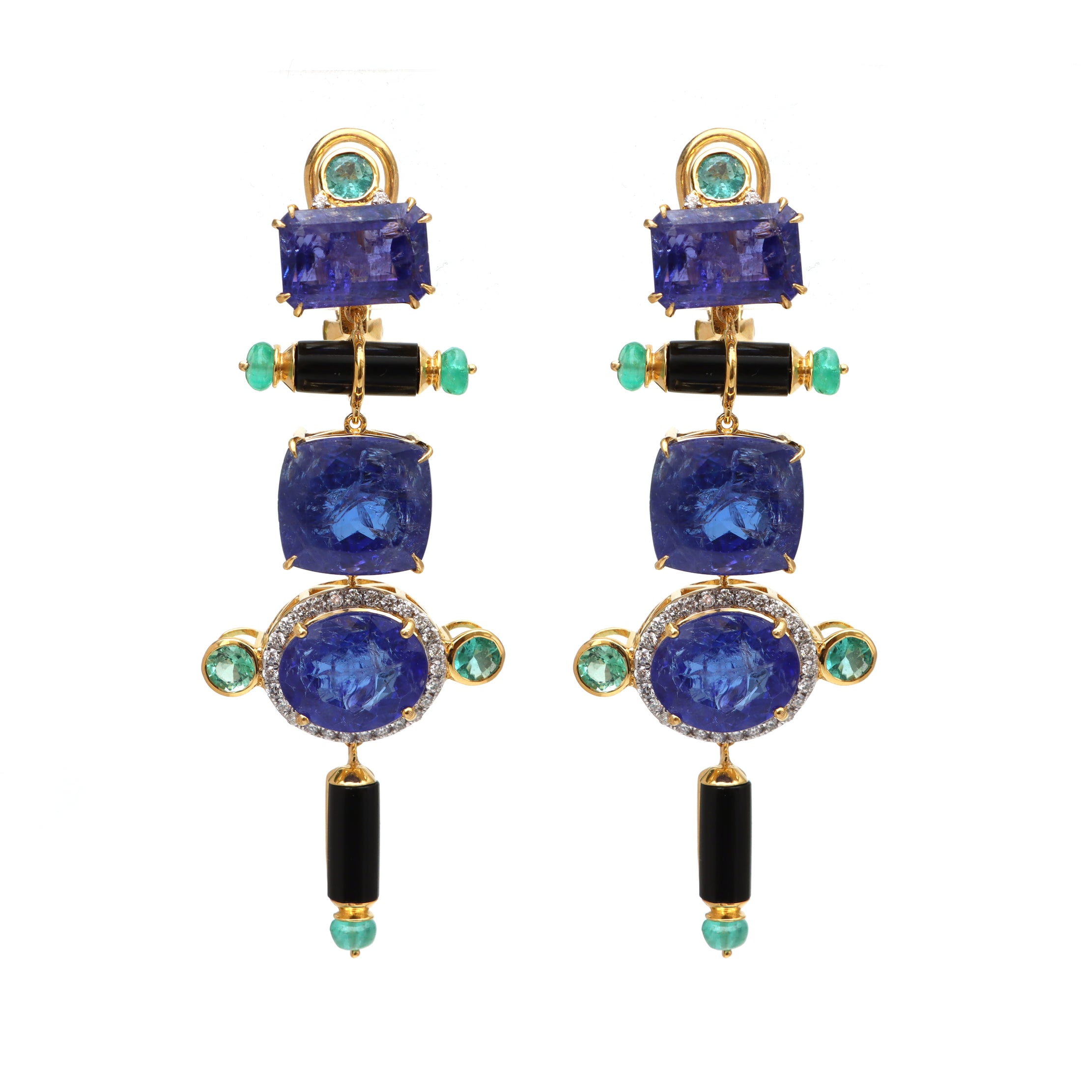 Natural Black Onyx and Emerald 18K gold earrings front view - NFJSD-1656