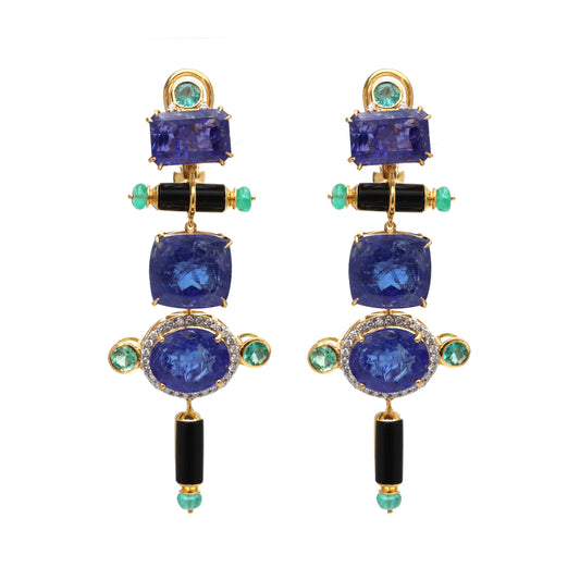Natural Black Onyx and Emerald 18K gold earrings front view - NFJSD-1656