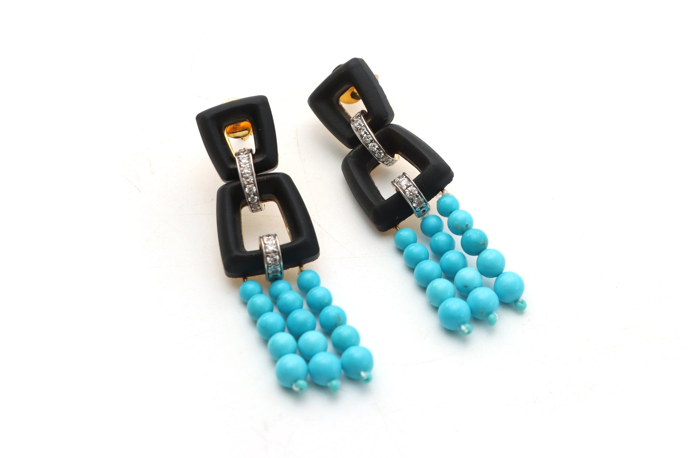 Natural Black Onyx Frame and Black Onyx Smooth Balls 14K gold earrings front view - NFJSD-1042