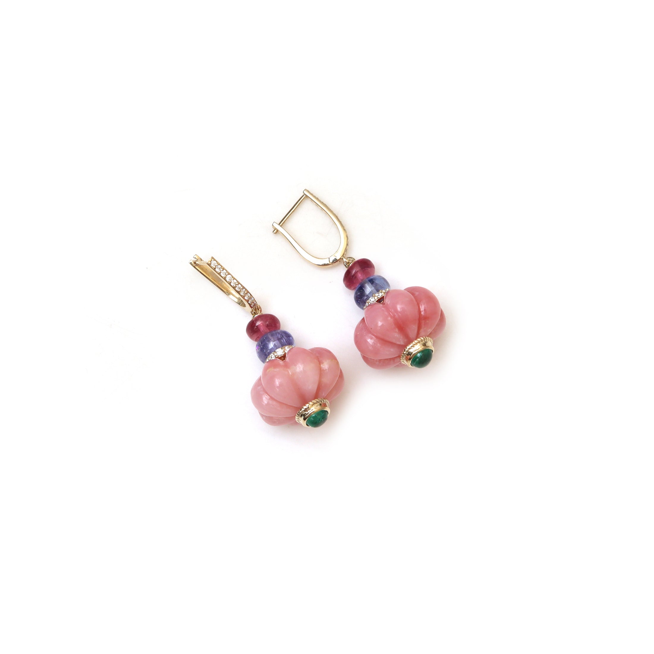 Natural Pink Opal and Tanzanite 14K gold earrings front view - NFJSD-2011