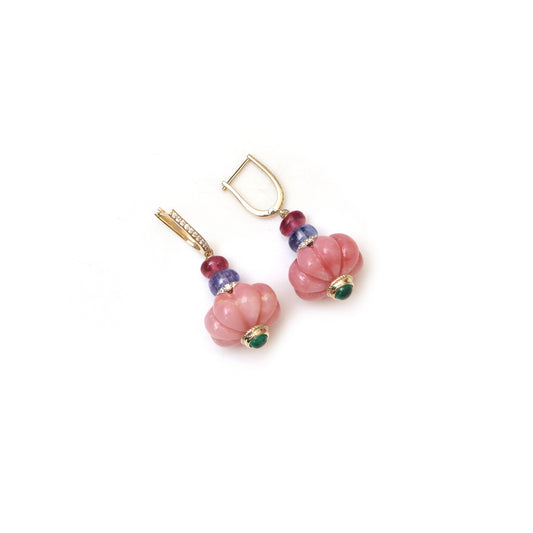 Natural Pink Opal and Tanzanite 14K gold earrings front view - NFJSD-2011