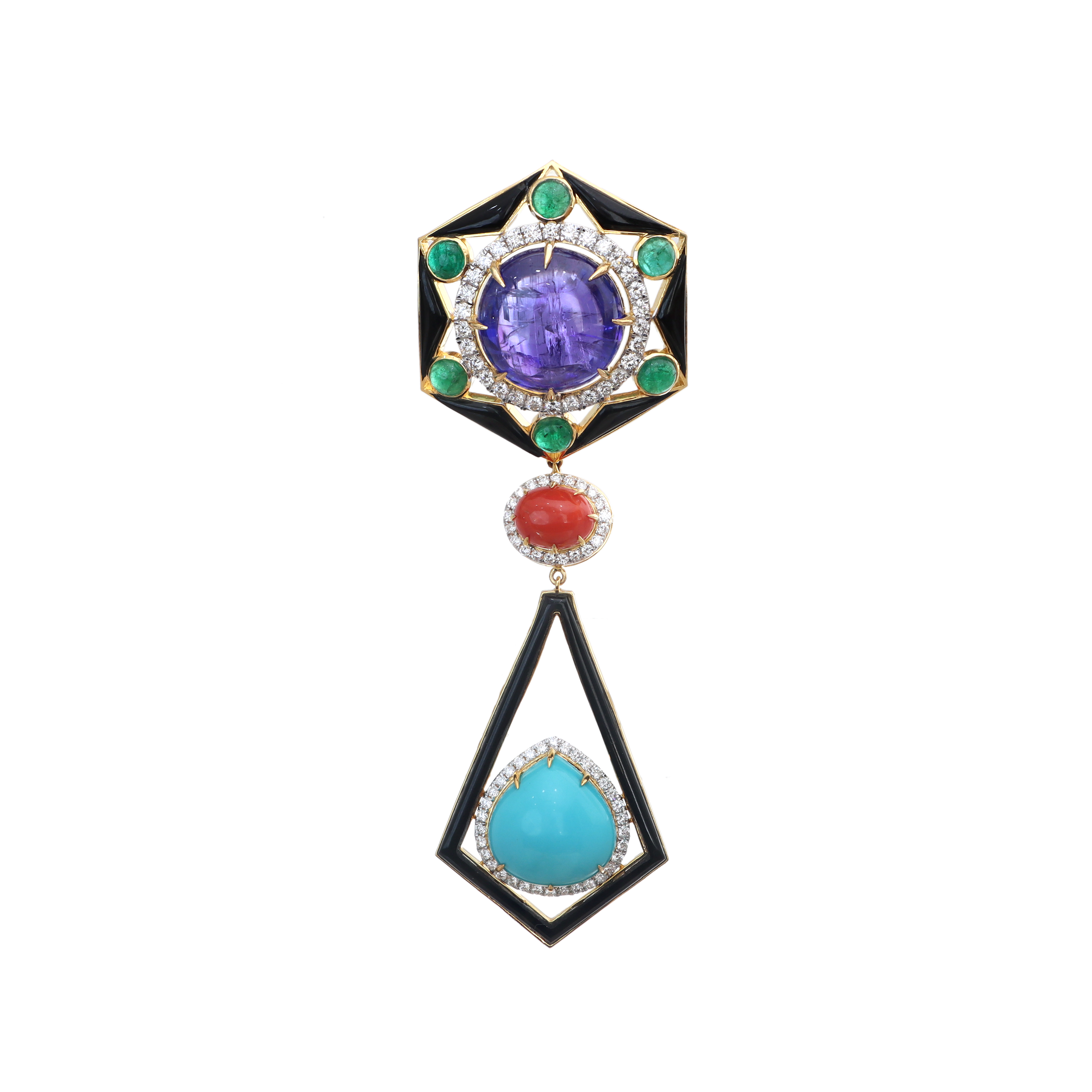 Natural Black Onyx and Coral 18K gold pendant on-hand view - NFJSD-1821
