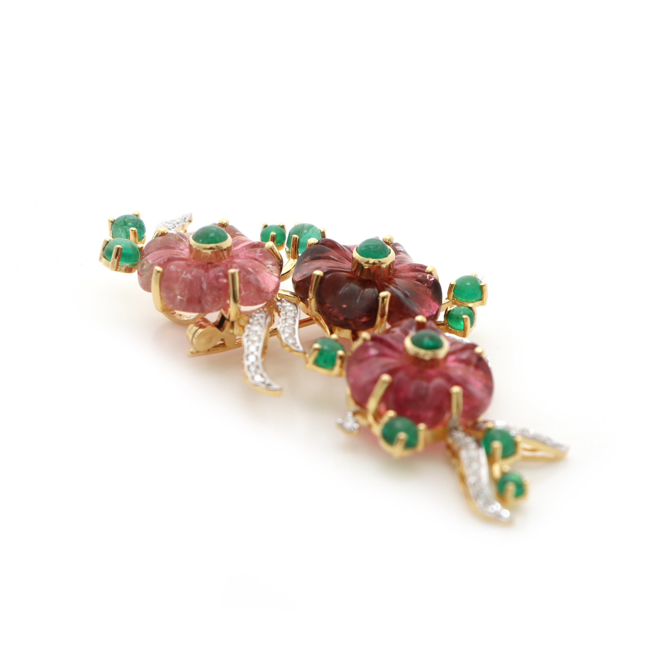 Natural Emerald Round Cabs and Tourmaline Flower Carving 14K gold brooch side angle - NFJSD-1239