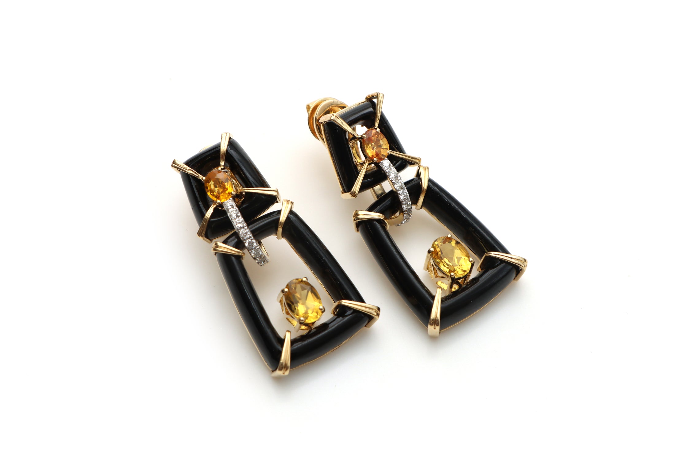 Natural Black Onyx Frame and Citrine Oval Cut 14K gold earrings front view - NFJSD-1086