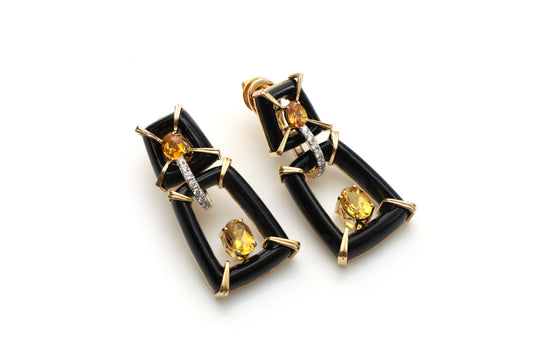 Natural Black Onyx Frame and Citrine Oval Cut 14K gold earrings front view - NFJSD-1086
