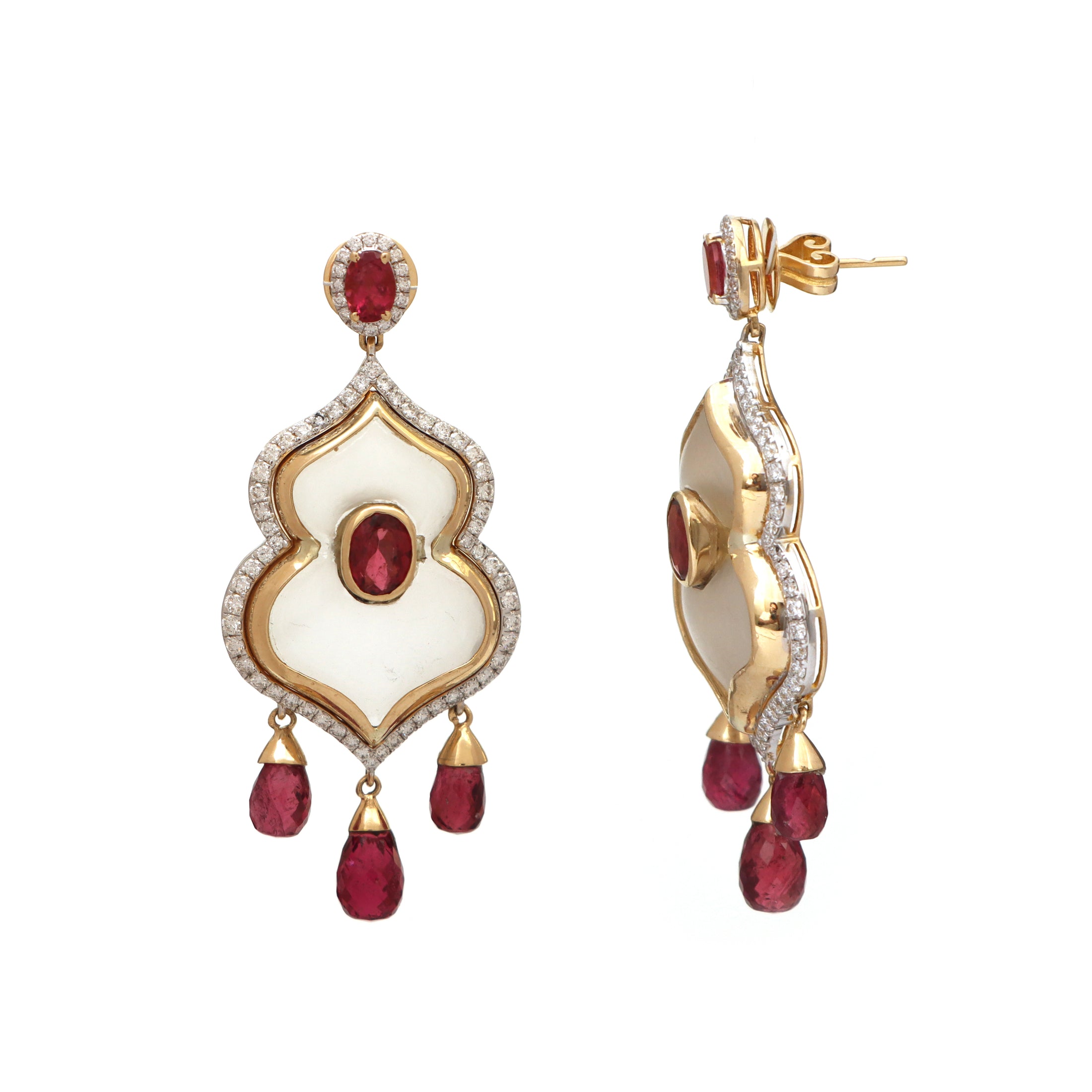 Natural Tourmaline Oval & Drops Cut and Crystal Carving 14K gold earrings side angle - NFJSD-1057