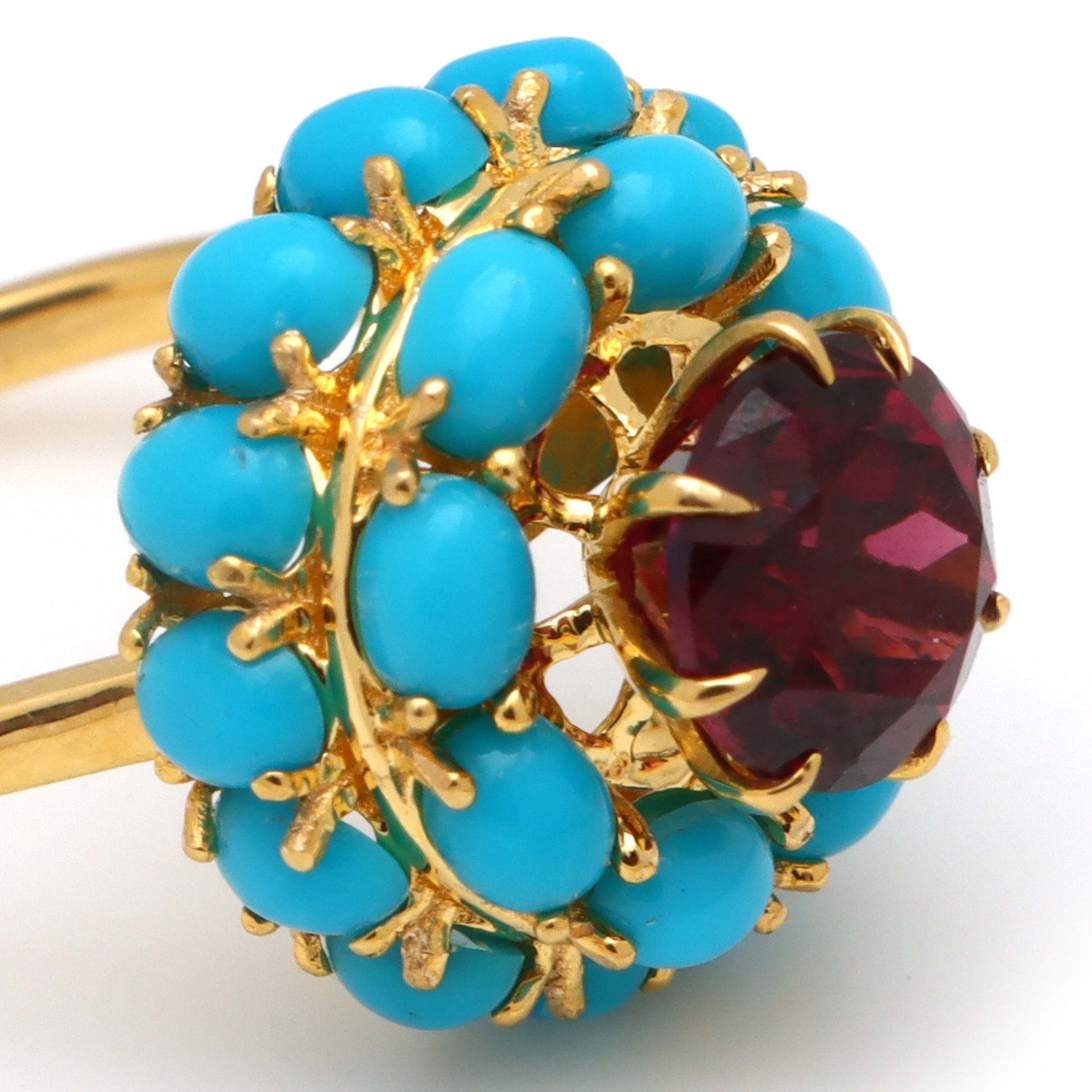 Natural Tourmaline and Turquoise 18K gold ring top view - NFJSD-1616