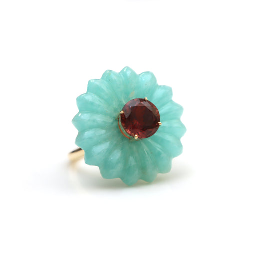 Natural Amazonite and Pink Tourmaline 14K gold ring front view - NFJSD-1560