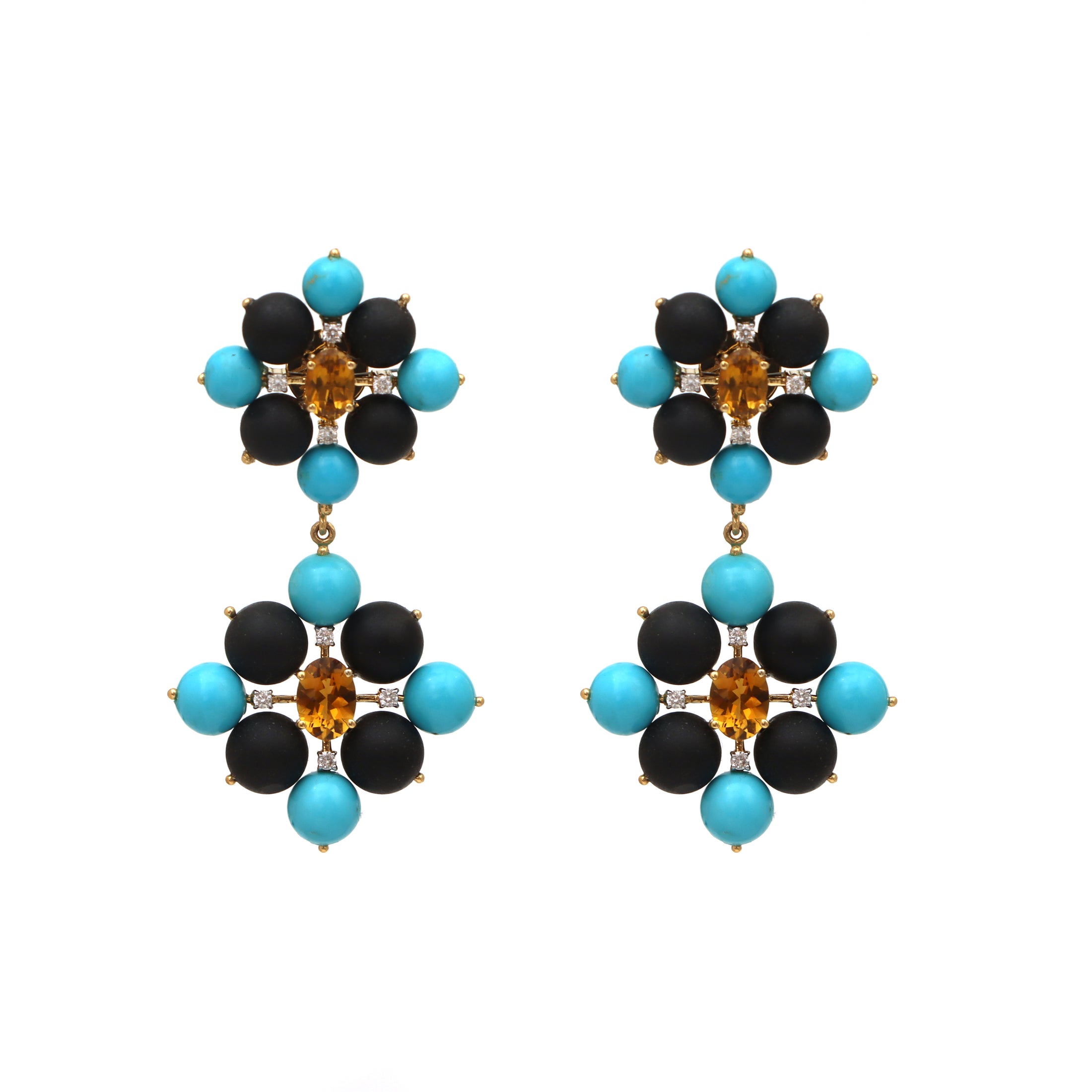 Natural Black Onyx and Turquoise 18K gold earrings top view - NFJSD-1542