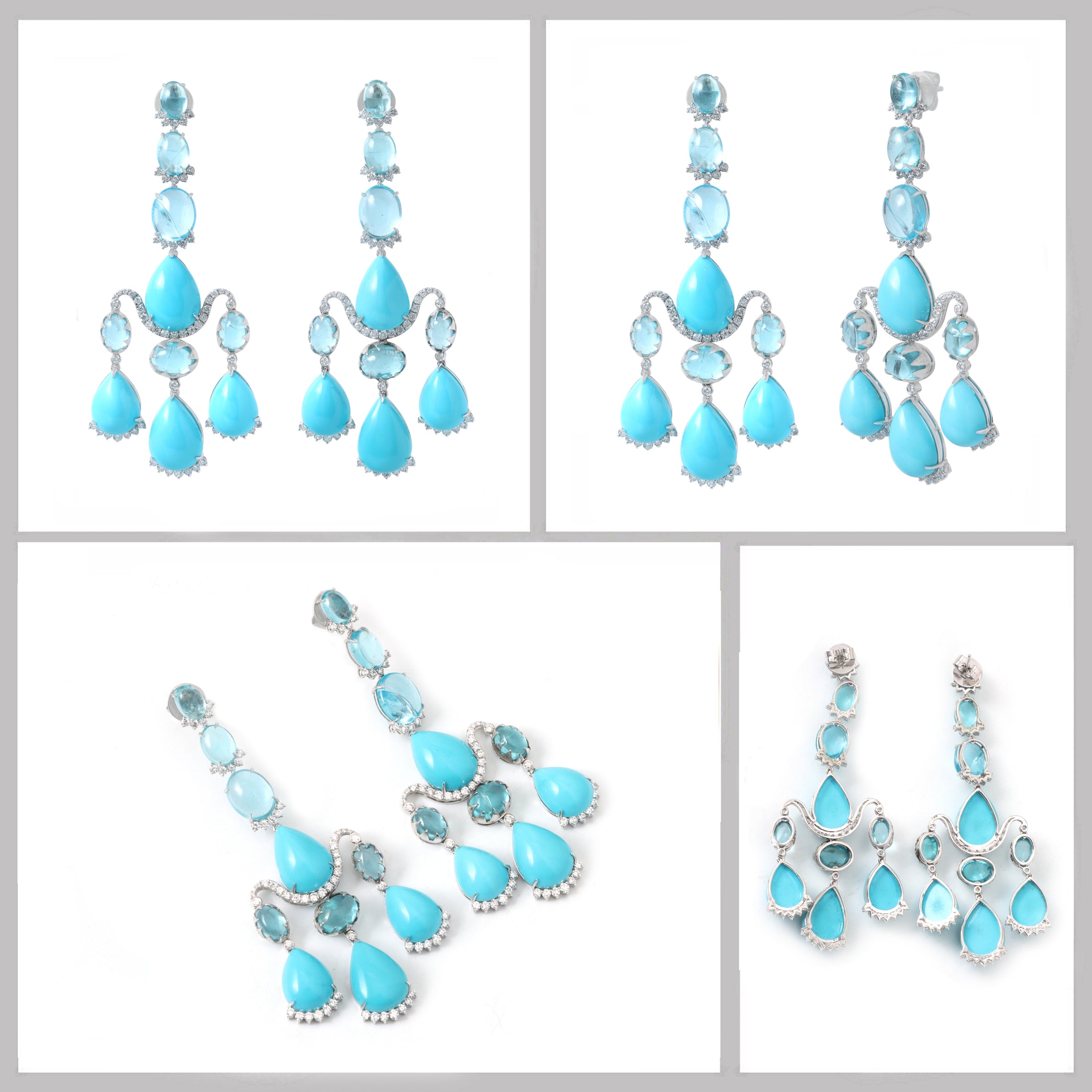 Natural Apatite and Turquoise 18K gold earrings side angle - NFJSD-1849