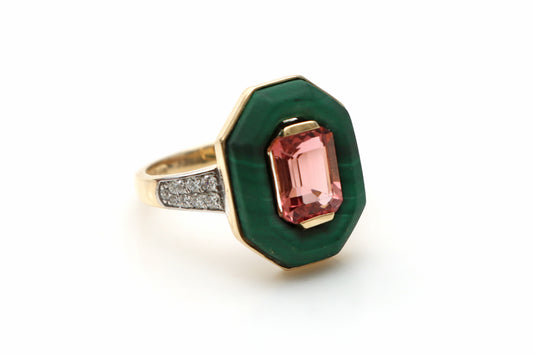 Natural Pink Tourmaline Rectangle Cut and Malachite Frames 14K gold ring front view - NFJSD-1303