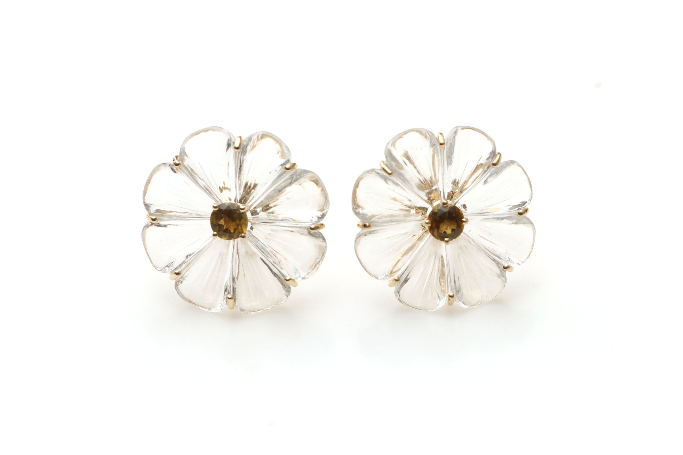 Natural Tourmaline Round Cut and Crystal Carving Flower 14K gold earrings front view - NFJSD-1155