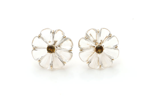 Natural Tourmaline Round Cut and Crystal Carving Flower 14K gold earrings front view - NFJSD-1155