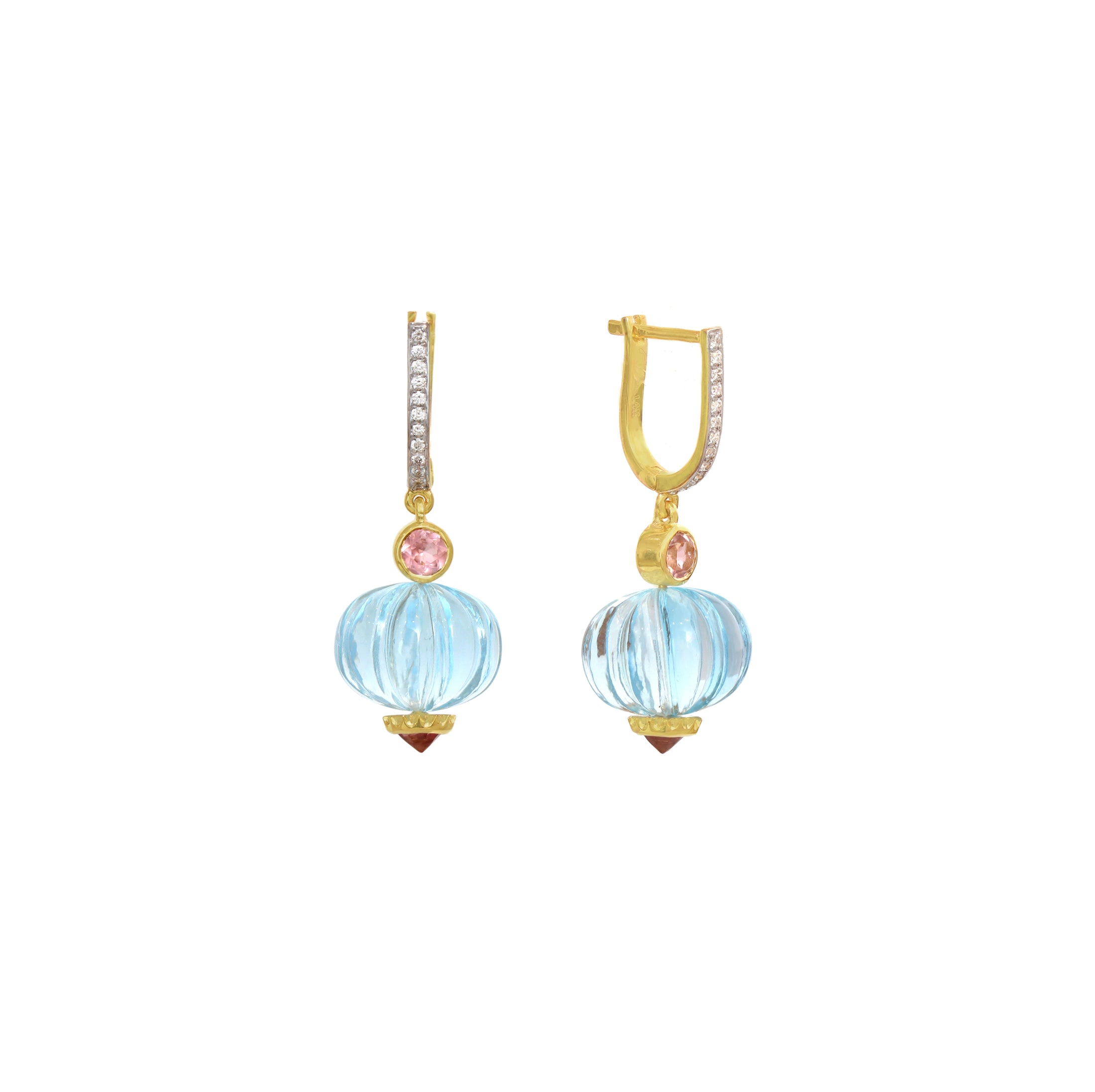 Natural Sky Blue Topaz and Tourmaline 14K gold earrings on-hand view - NFJSD-1815