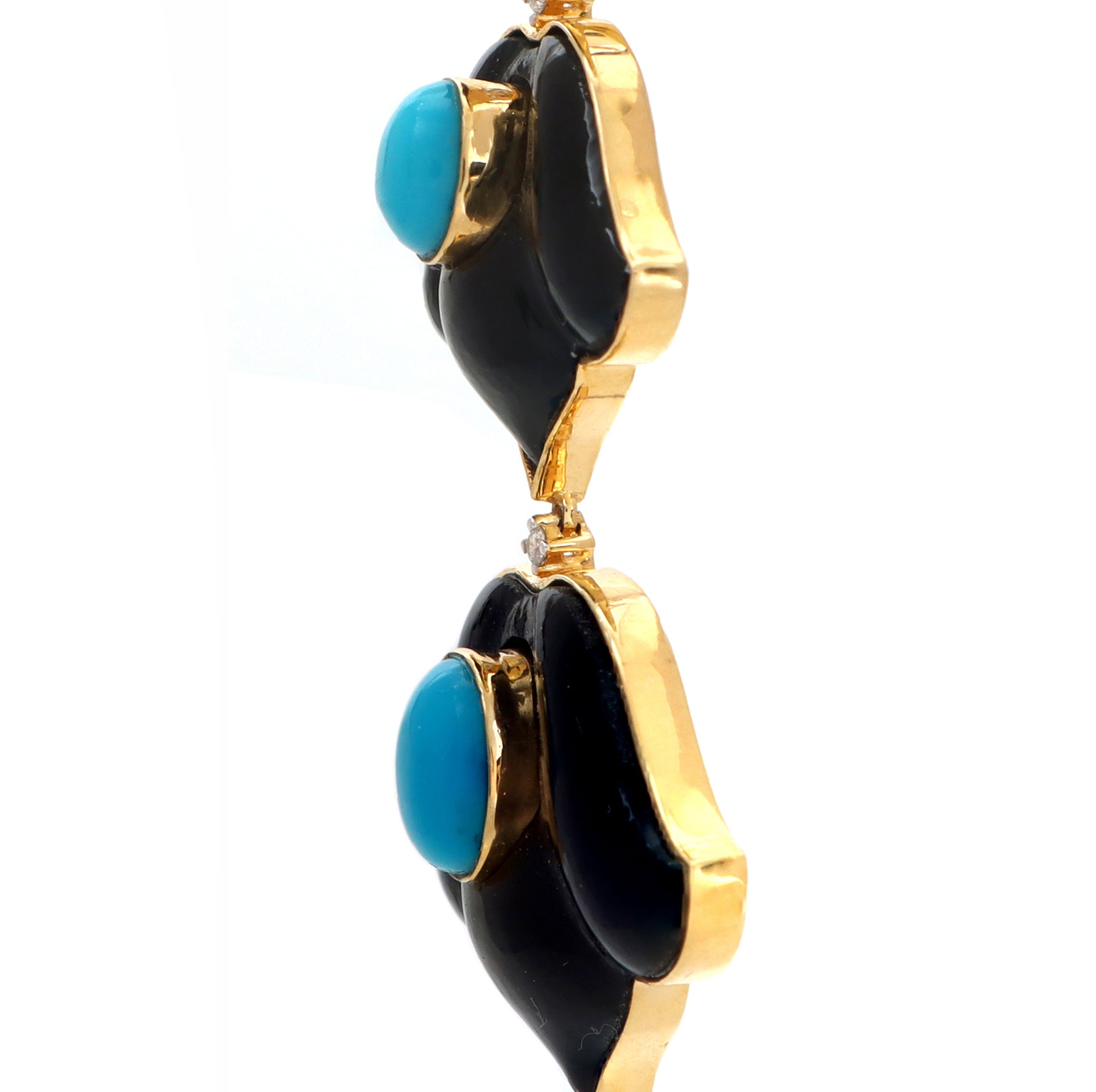 Natural Black Onyx and Turquoise 18K gold earrings top view - NFJSD-1533