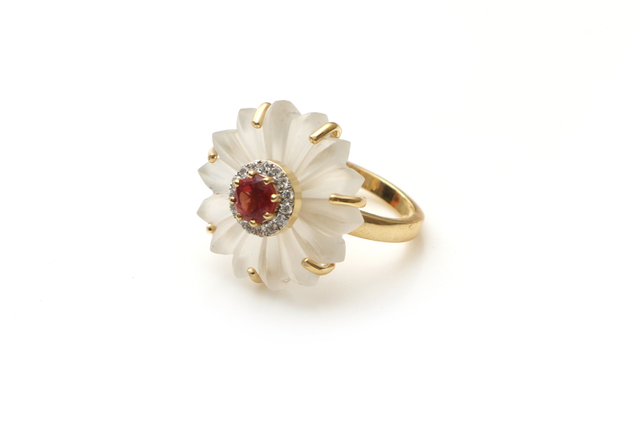 Natural Tourmaline Round Cut and Crystal Carving Flower 14K gold ring front view - NFJSD-1195