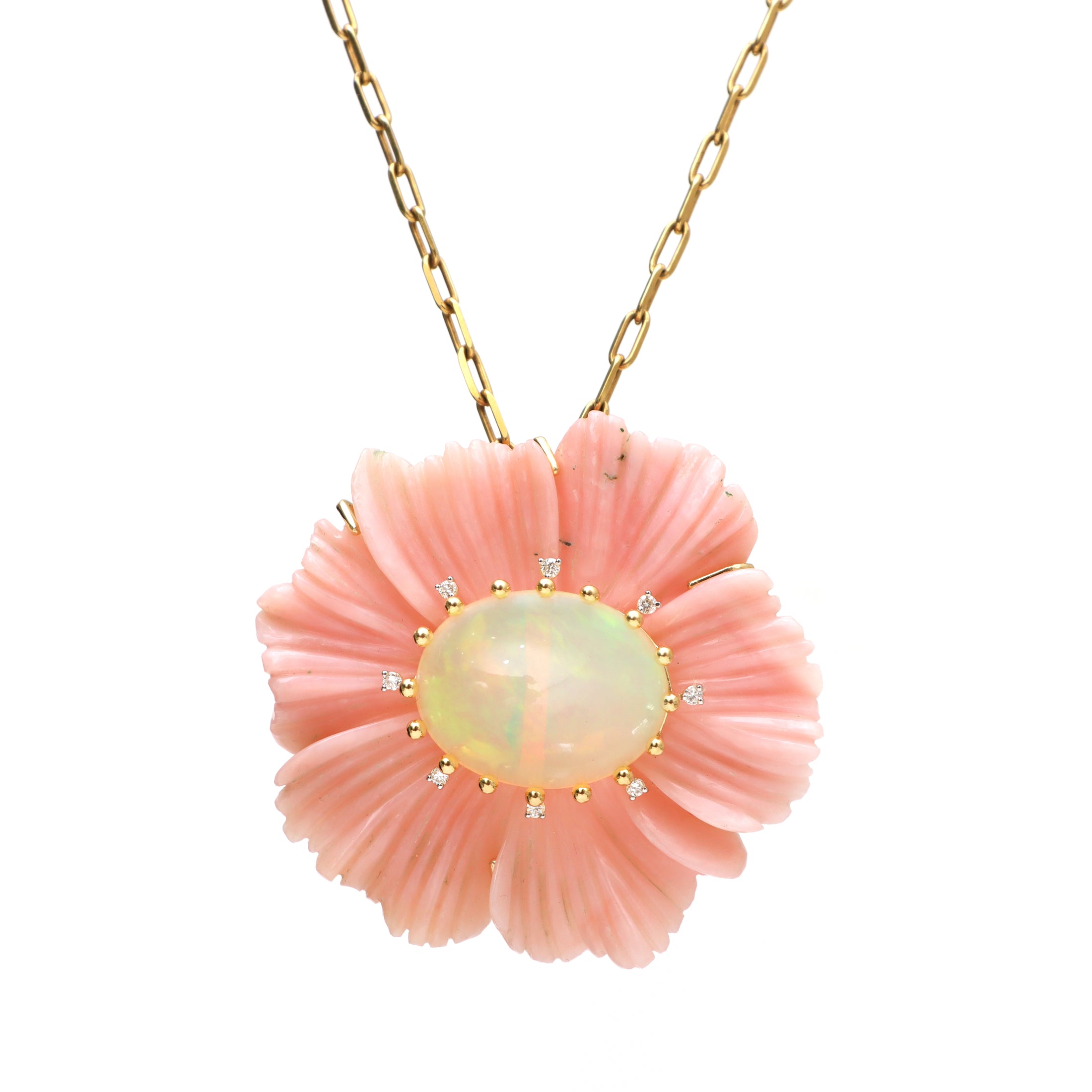 Natural Ethiopian Opal Oval Cab and Pink Opal Carving Flower 14K gold pendant front view - NFJSD-1281