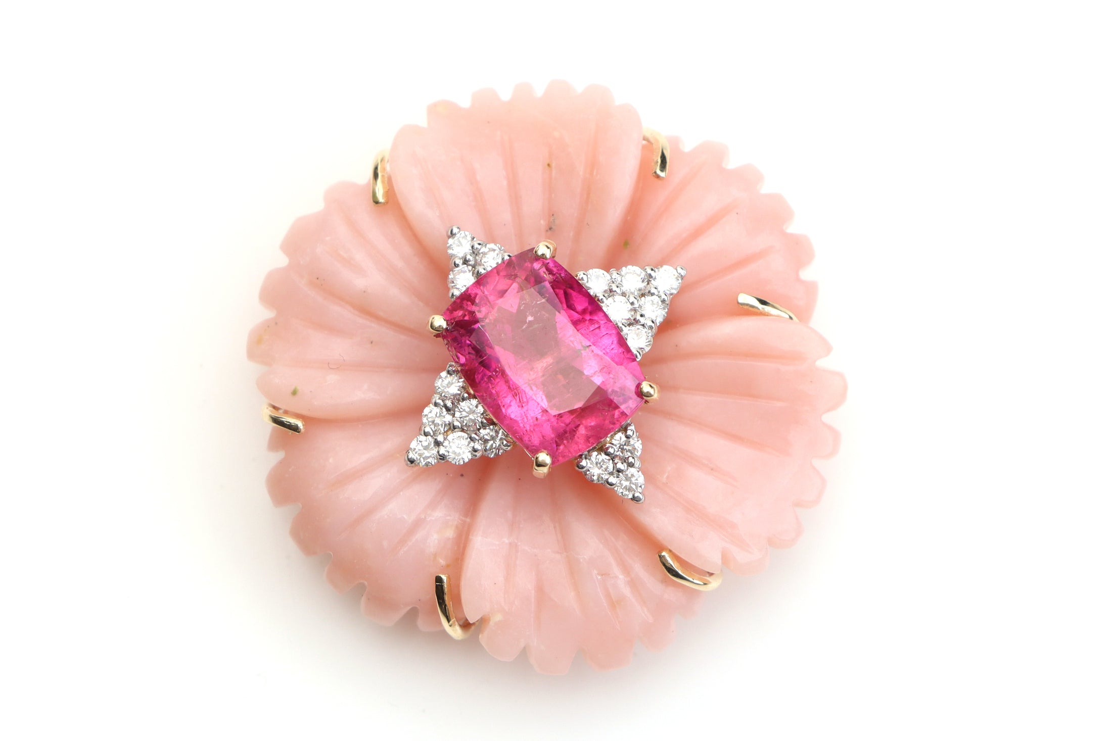 Natural Tourmaline Rectangle Cut and Pink Opal Carving Flower 14K gold pendant front view - NFJSD-1084
