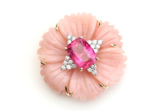 Natural Tourmaline Rectangle Cut and Pink Opal Carving Flower 14K gold pendant front view - NFJSD-1084