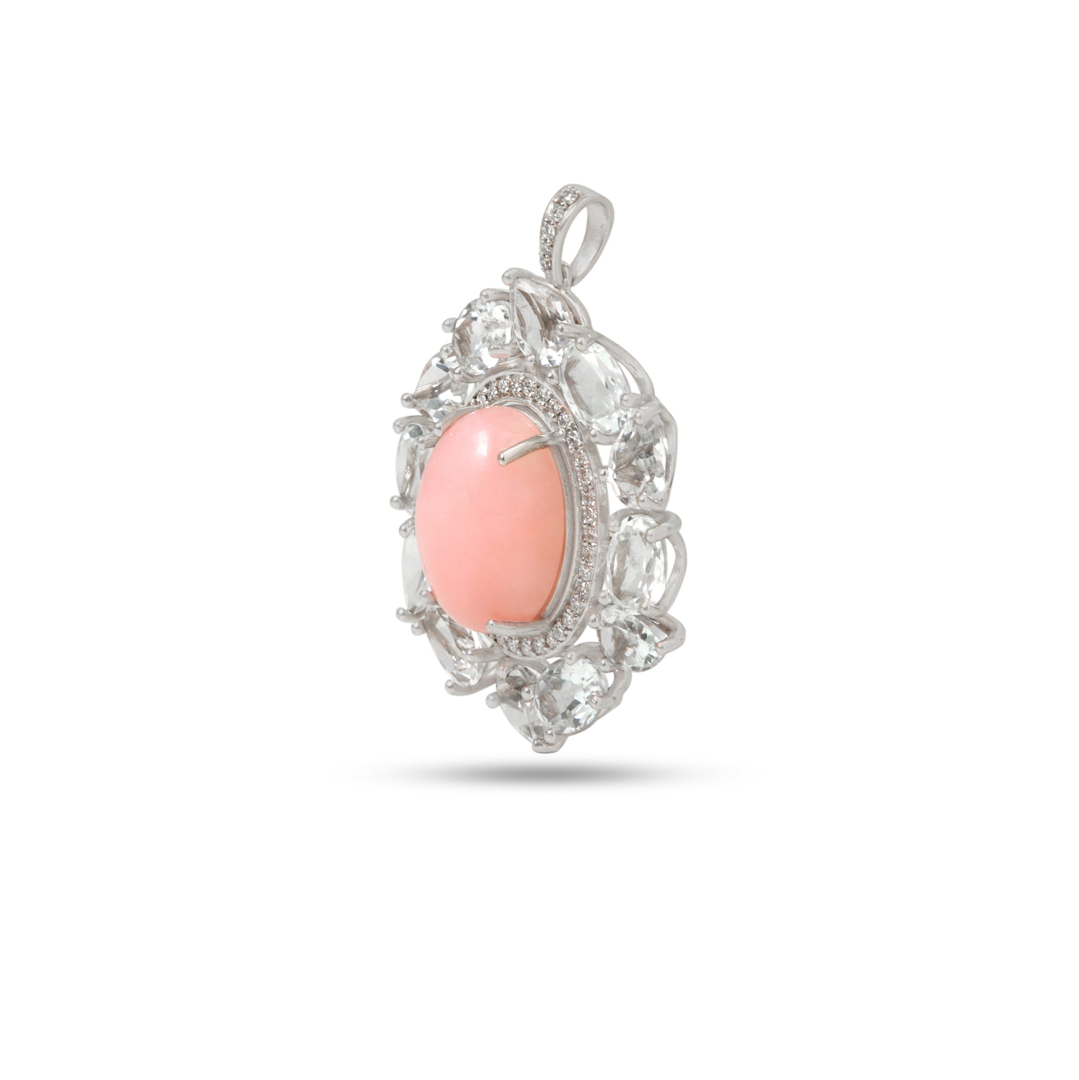 Natural Pink Opal and White Aquamarine 14K gold pendant close-up detail - NFJSD-1916