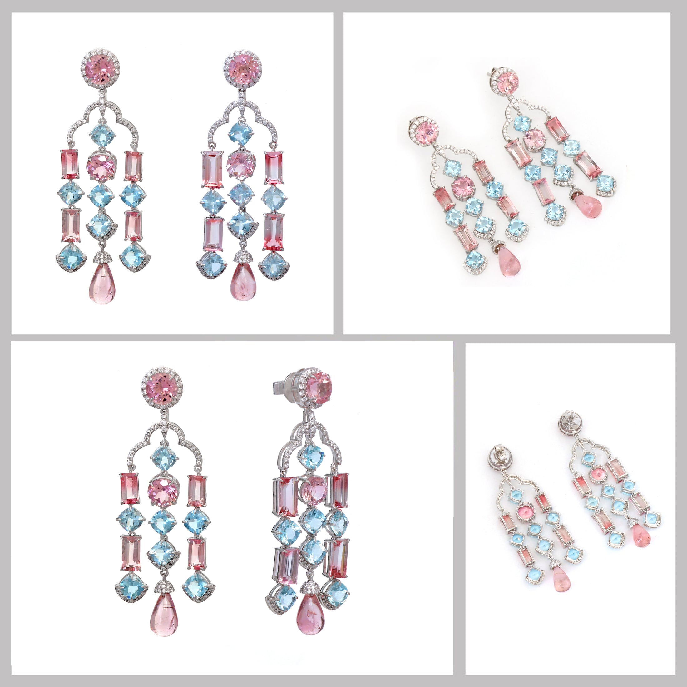 Natural Aqua and Tourmaline 18K gold earrings close-up detail - NFJSD-1772