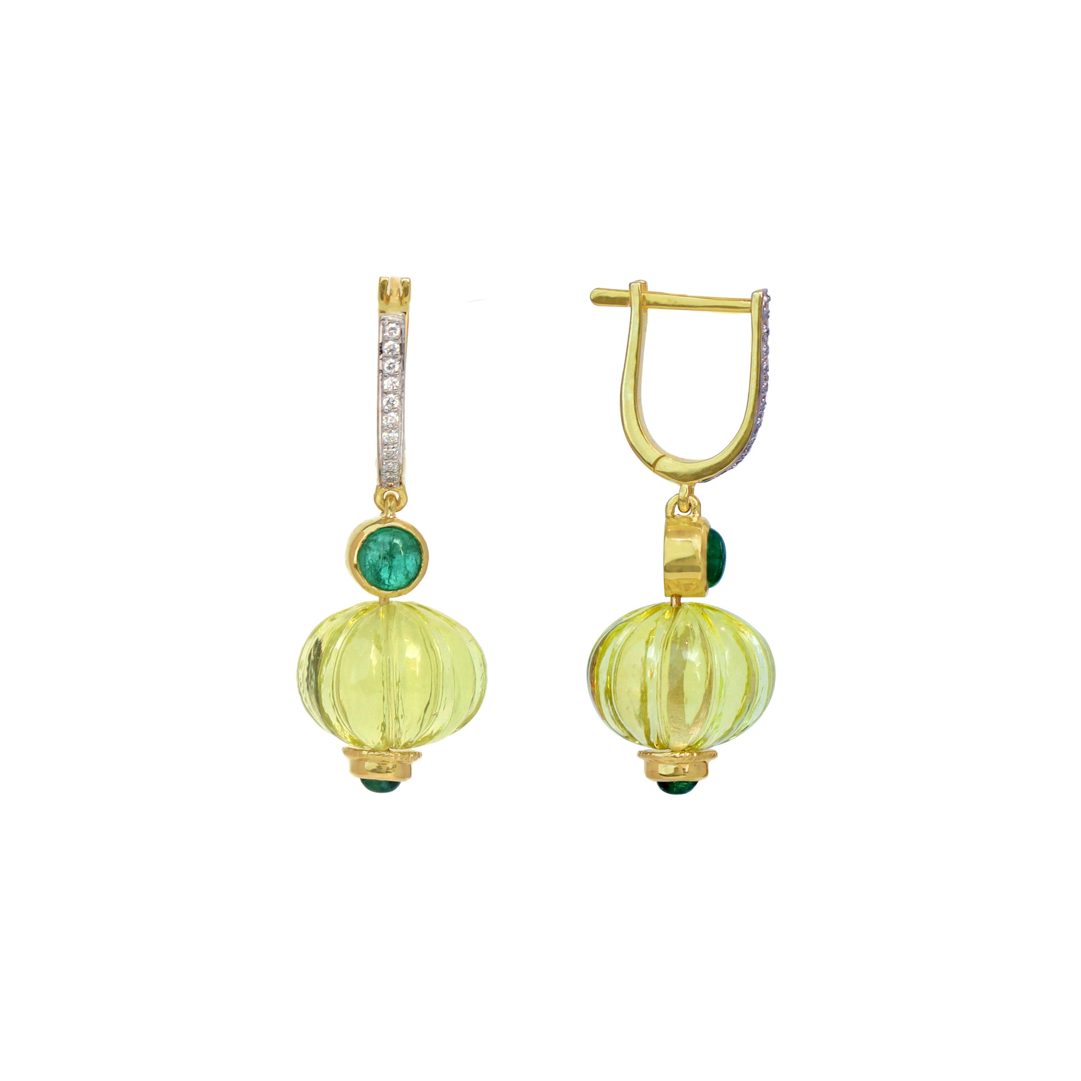 Natural Lemon Quartz and Emerald 18K gold earrings back view - NFJSD-1789