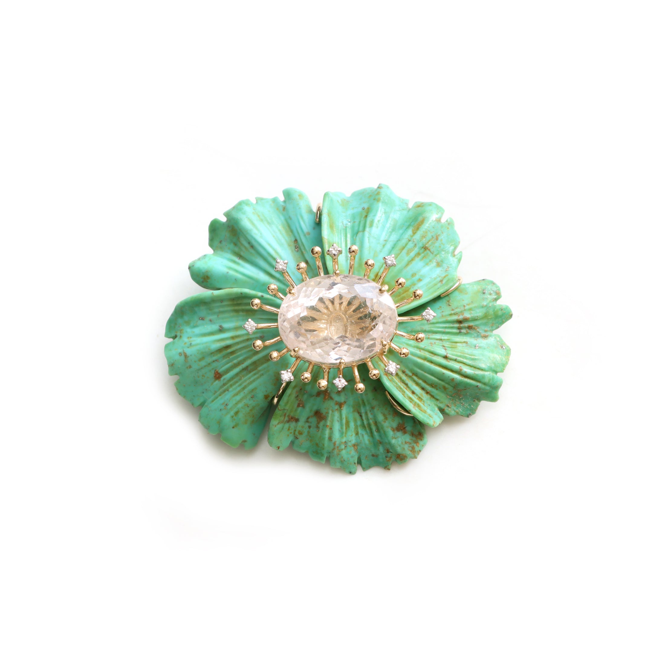 Natural Turquoise and Goshenite 14K gold pendant / brooch front view - NFJSD-1940