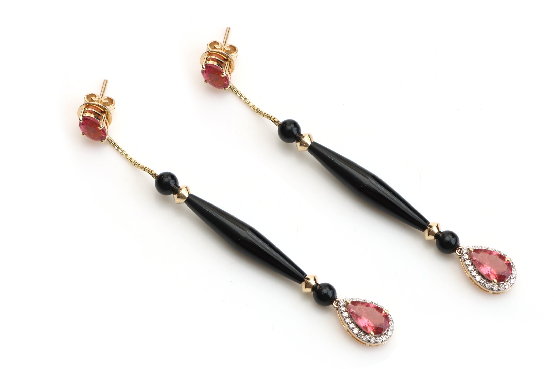 Natural Black Onyx  Smooth Tube and Tourmaline Round & Pear Cut 14K gold earrings front view - NFJSD-1072