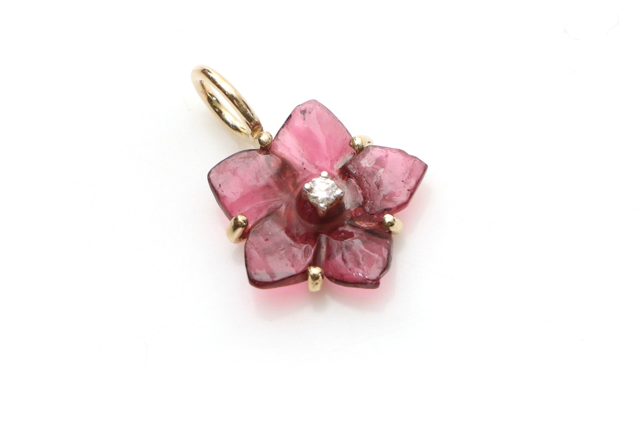 Natural Tourmaline Flower Carving 14K gold charm front view - NFJSD-1232