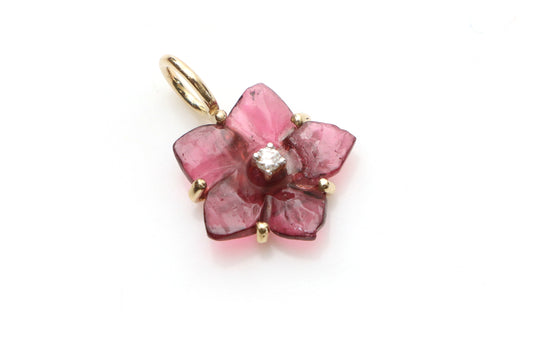 Natural Tourmaline Flower Carving 14K gold charm front view - NFJSD-1232