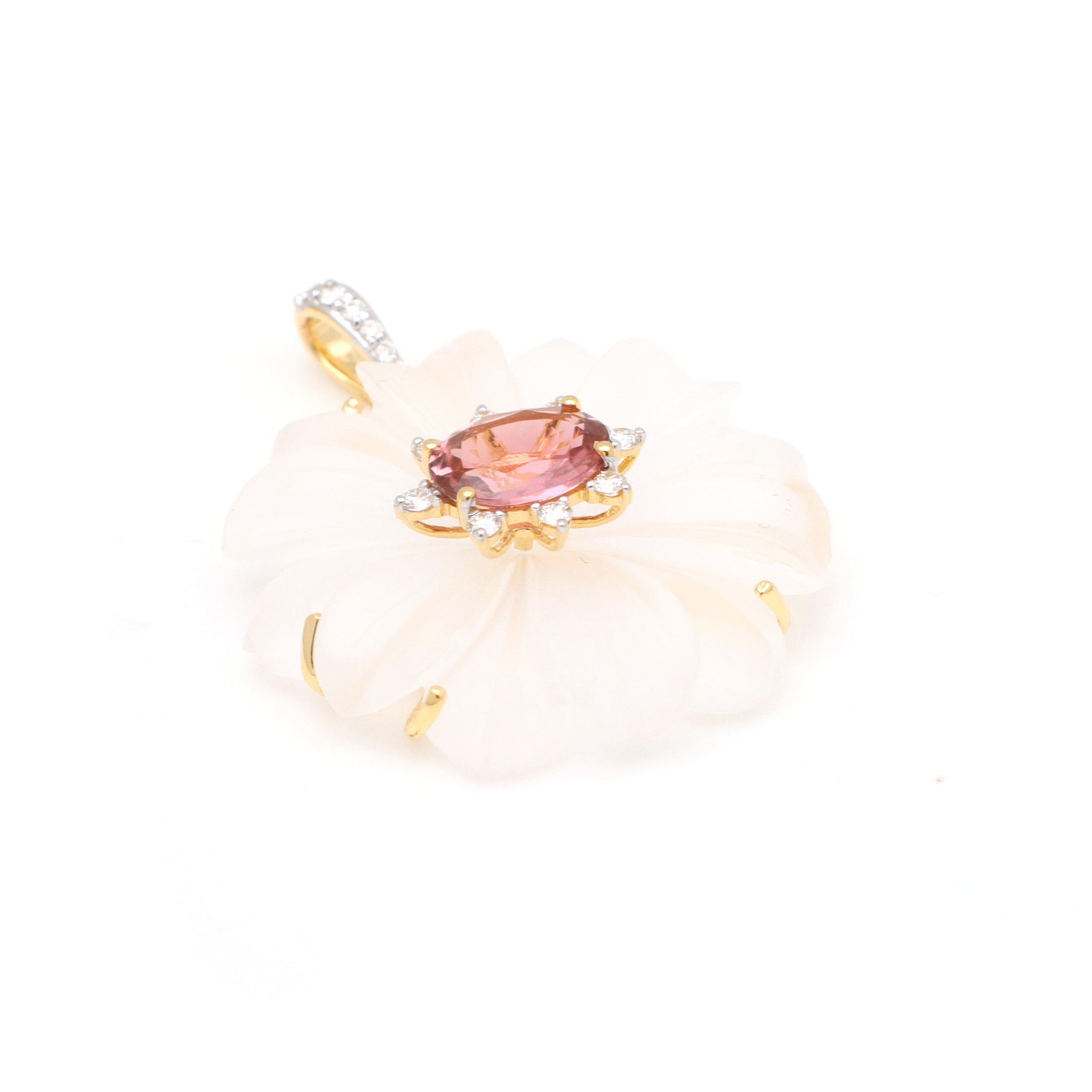 Natural Crystal Carving and Tourmaline 18K gold pendant close-up detail - NFJSD-1715