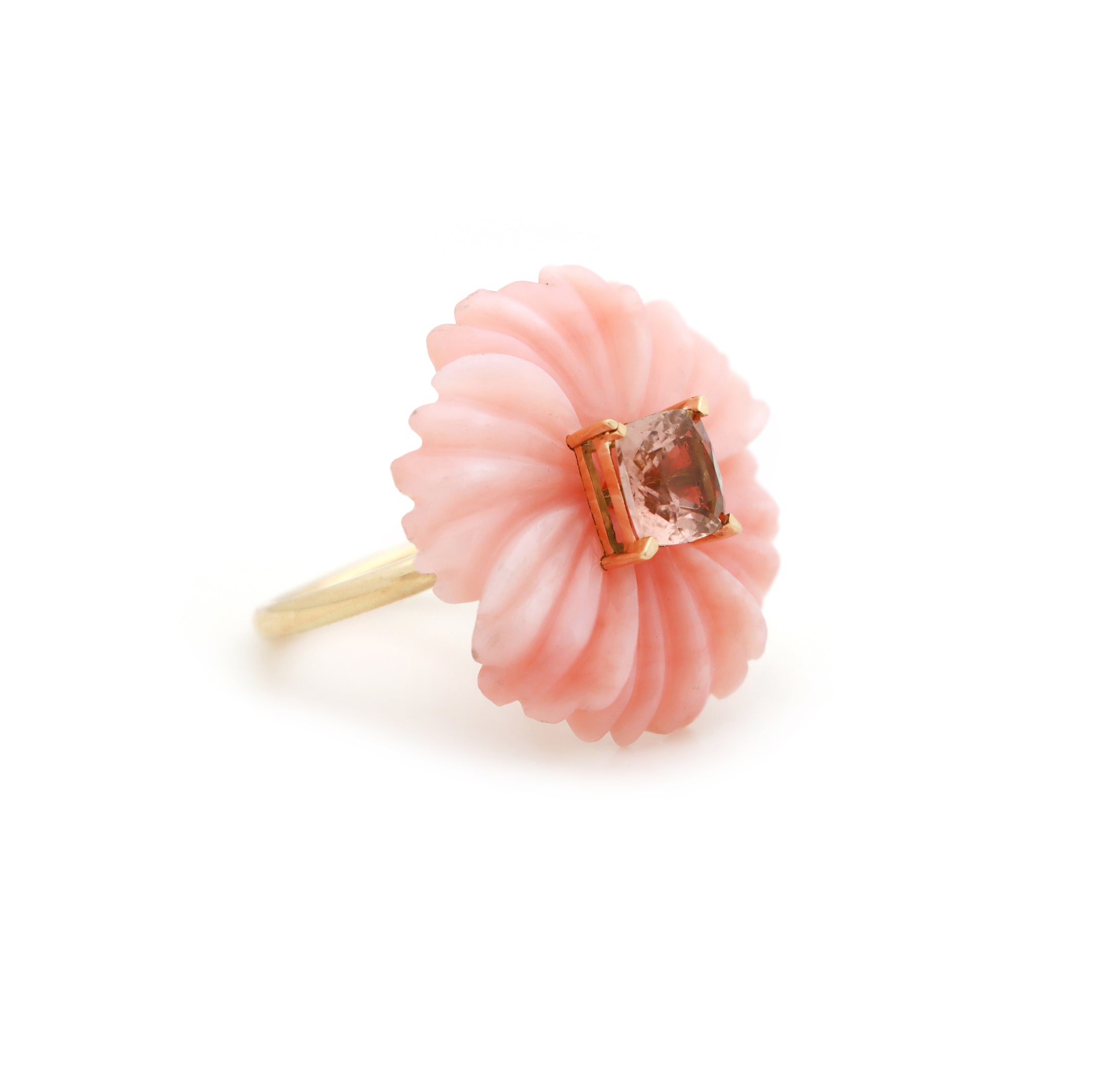 Natural Pink Opal and Pink Tourmaline 14K gold ring close-up detail - NFJSD-1585